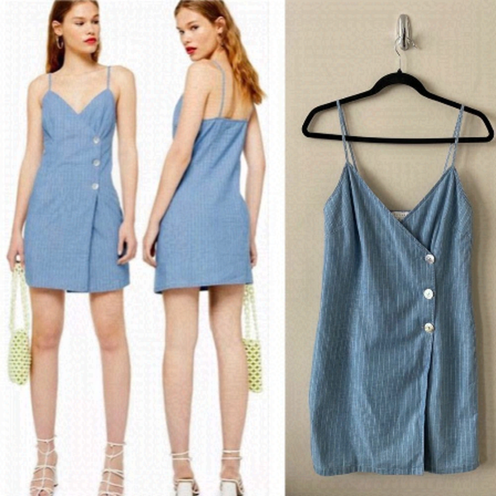 TOPSHOP-STRIPE Denim Pinstripe 100% Cotton Wrap Button Dress (Size:2)